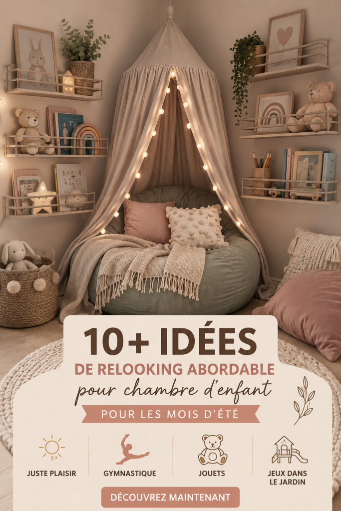 Chambre d'enfants colorée avec des décorations estivales, évoquant un environnement créatif et accueillant.