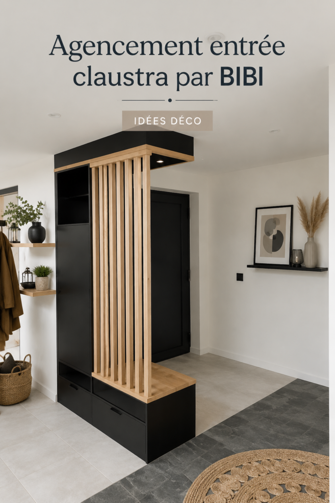 Agencement moderne d'une entrée avec claustra en bois et décoration chaleureuse.