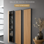 Salle de bains moderne avec un aménagement pratique et esthétique, mettant en valeur les couleurs neutres et les matériaux contemporains.