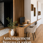 Aménagement moderne d'un bureau et salon lumineux avec des meubles élégants.