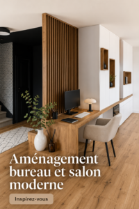 Aménagement moderne d'un bureau et salon lumineux avec des meubles élégants.