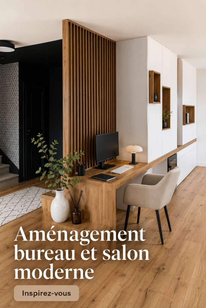 Aménagement moderne d'un bureau et salon lumineux avec des meubles élégants.