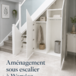 Aménagement chaleureux et pratique sous escalier avec rangements