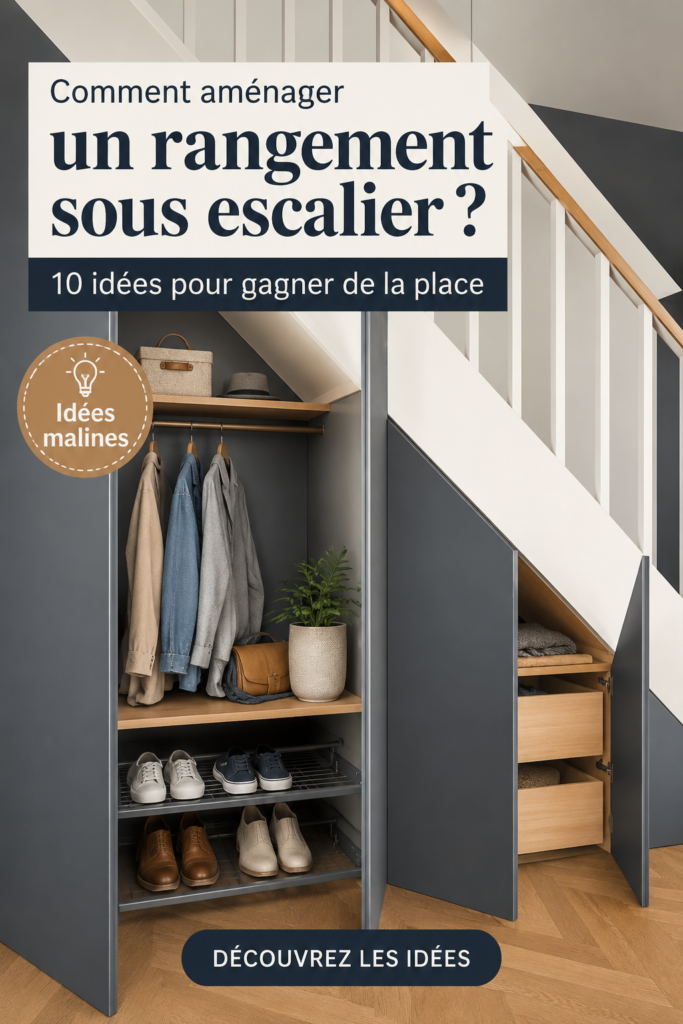 Espace de rangement aménagé sous un escalier avec étagères et tiroirs.