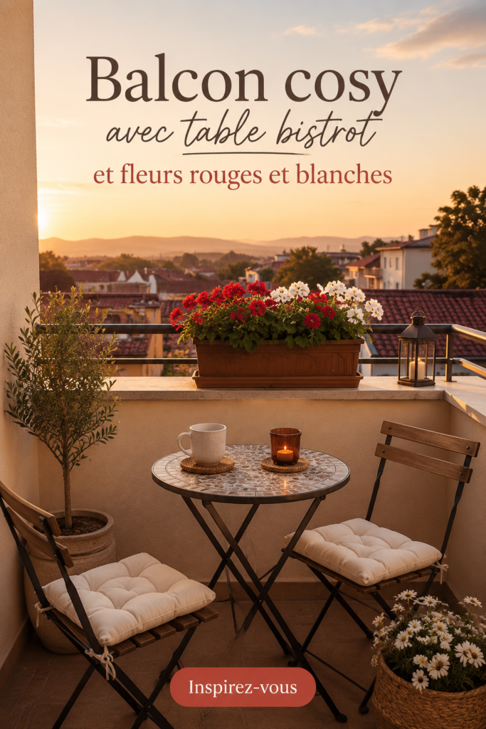 Balcon cosy avec un ensemble bistro et des fleurs rouges et blanches