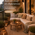 Balcon cosy et chaleureux avec mobilier moderne et plantes vertes.
