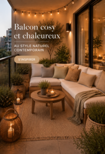 Balcon cosy et chaleureux avec mobilier moderne et plantes vertes.