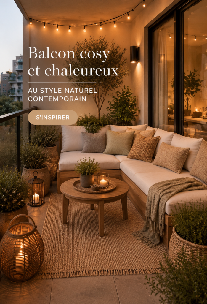 Balcon cosy et chaleureux avec mobilier moderne et plantes vertes.