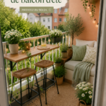 Balcon estival bien aménagé avec des plantes vertes et des meubles confortables.