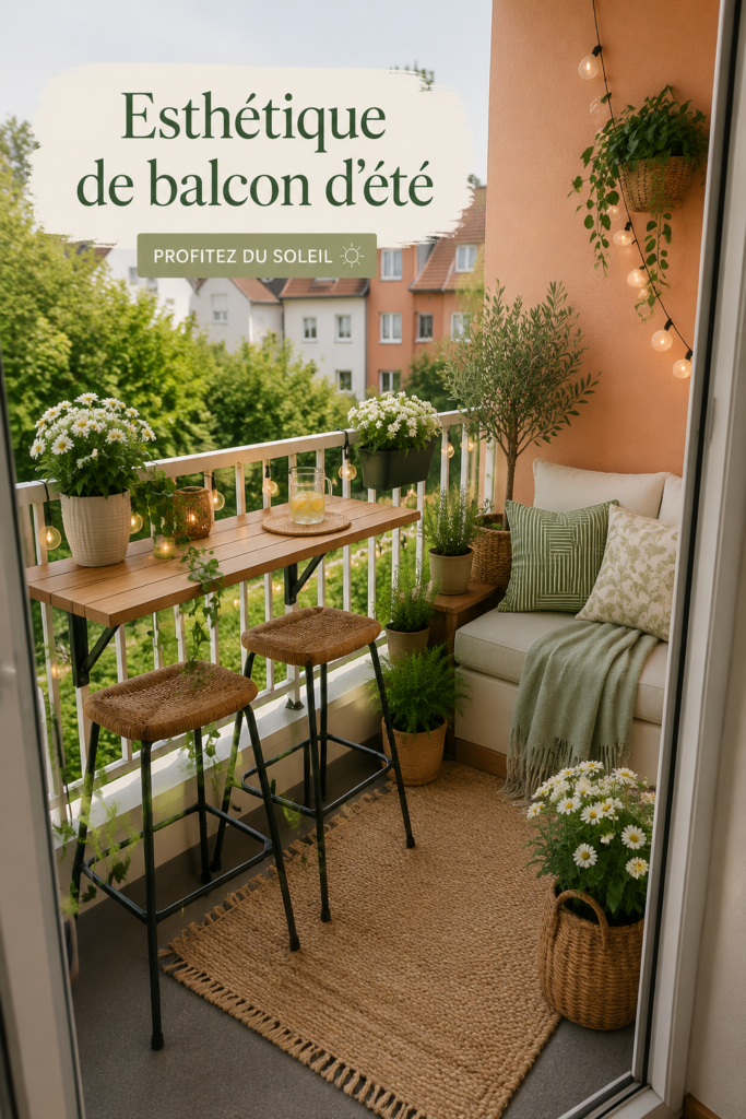 Balcon estival bien aménagé avec des plantes vertes et des meubles confortables.