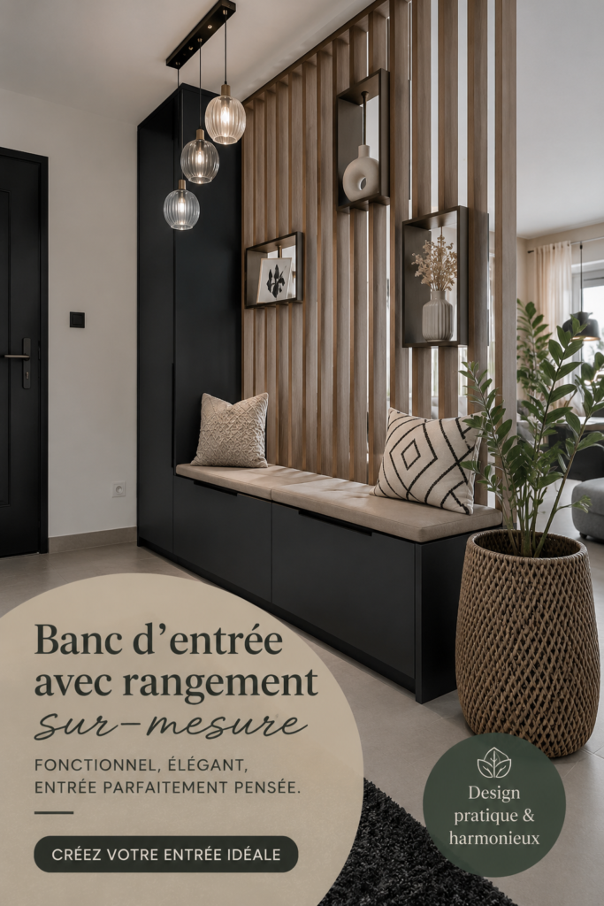 Un banc d'entrée avec rangement intégré en bois clair dans un hall moderne