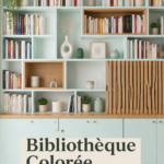 Bibliothèque colorée moderne avec porte coulissante dans un salon chaleureux