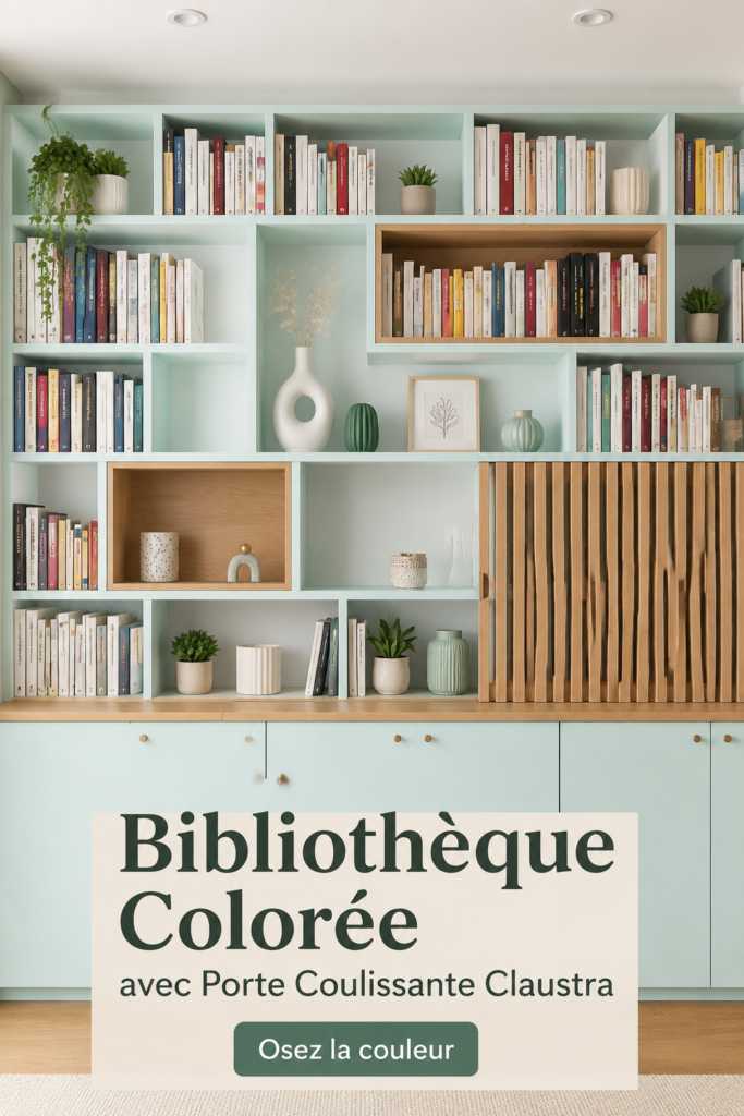 Bibliothèque colorée moderne avec porte coulissante dans un salon chaleureux