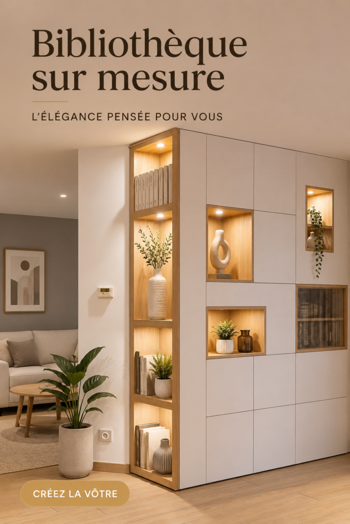 Une belle bibliothèque sur mesure en bois dans un salon moderne.