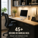 Un bureau IKEA moderne et bien aménagé avec des accessoires chic.