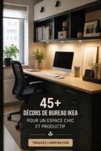 Un bureau IKEA moderne et bien aménagé avec des accessoires chic.