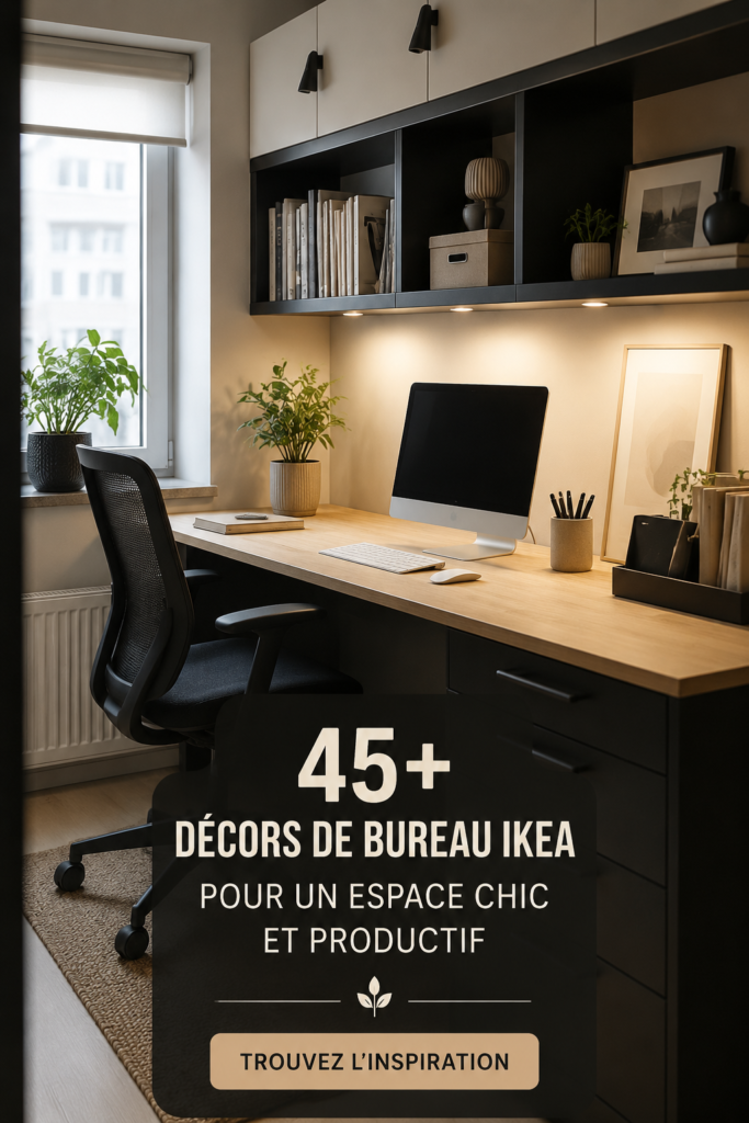 Un bureau IKEA moderne et bien aménagé avec des accessoires chic.
