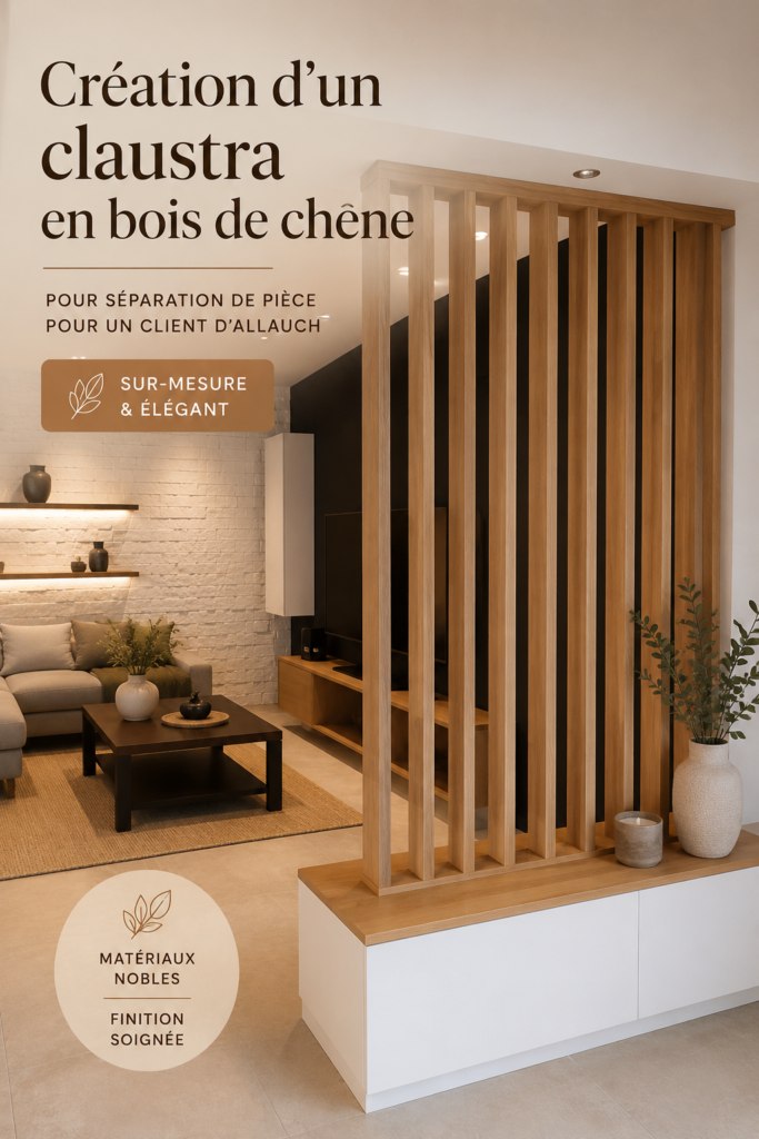 Claustra en bois de chêne élégant séparant deux espaces dans un intérieur moderne