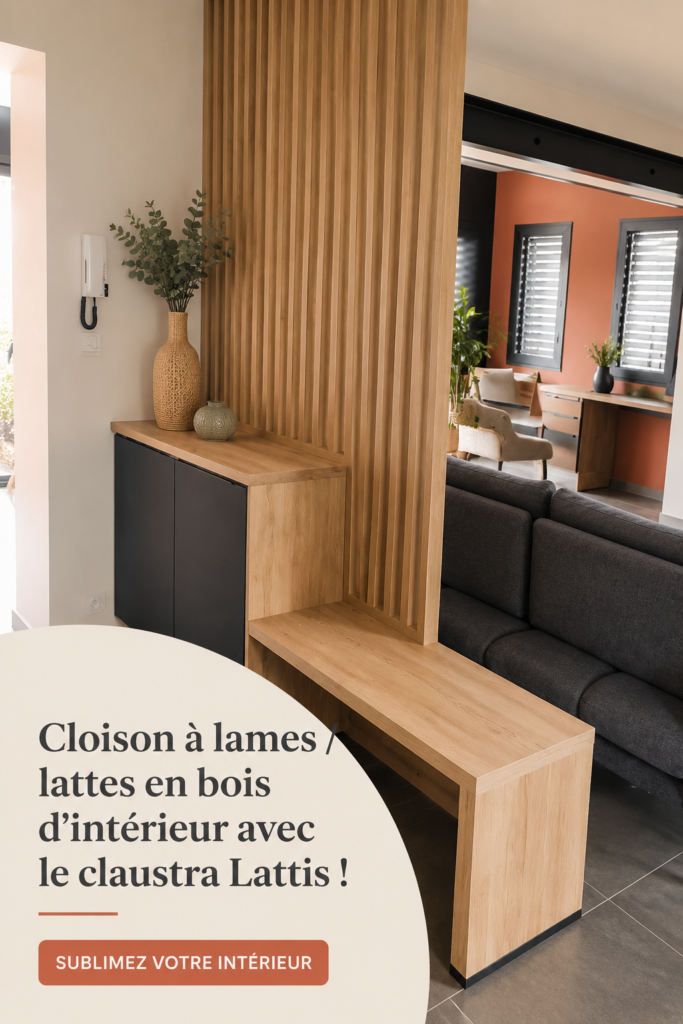 Cloison à lames en bois Lattis intégrée dans un intérieur moderne