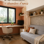 Une chambre d'amis avec un coin bureau lumineux et accueillant.