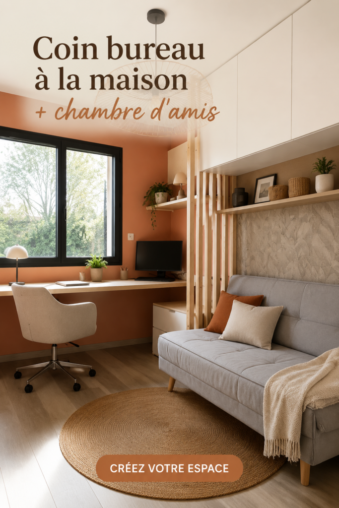 Une chambre d'amis avec un coin bureau lumineux et accueillant.