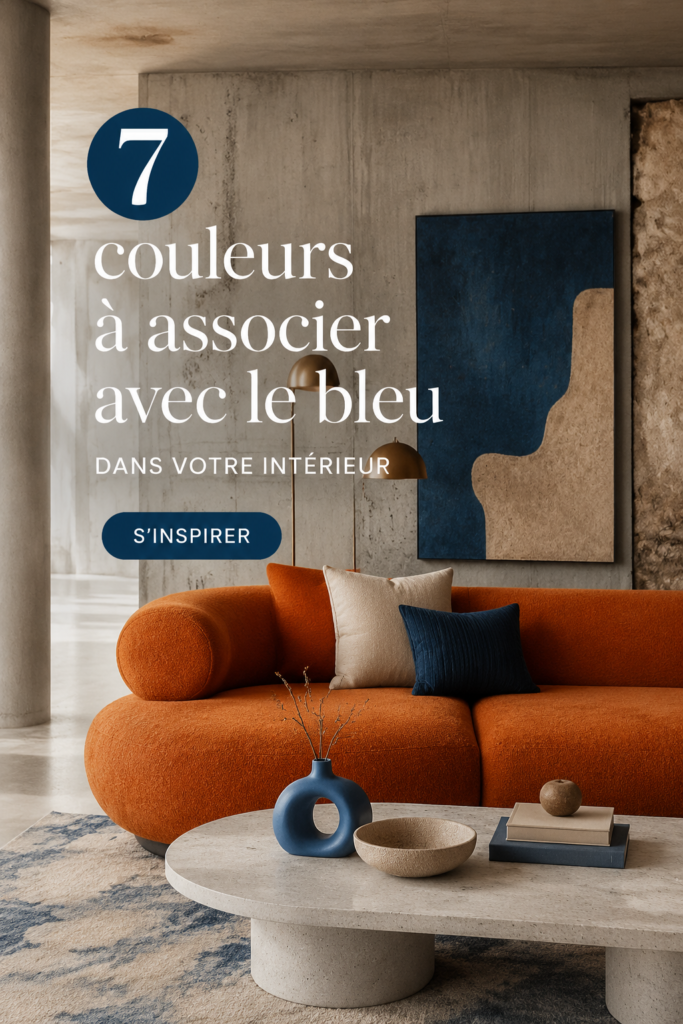 Un salon élégant avec des murs bleus et des accents colorés harmonieux pour une décoration intérieure stylée.