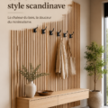 Couloir moderne dans un style scandinave avec un mur en lattes de bois.