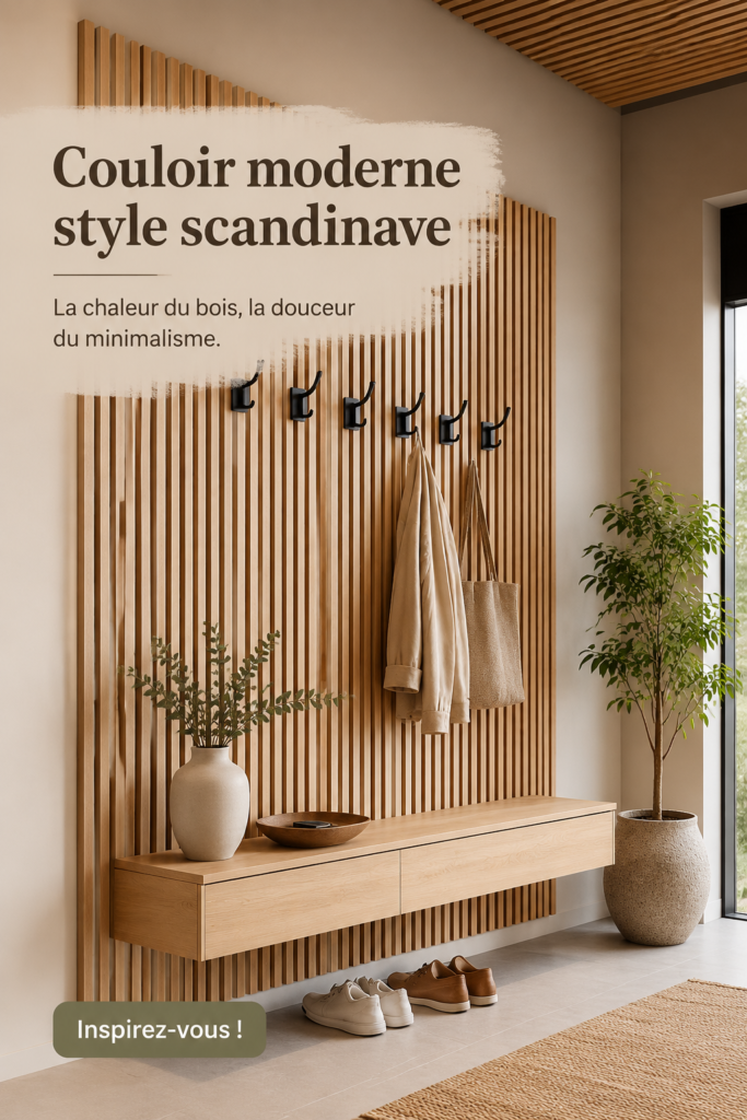 Couloir moderne dans un style scandinave avec un mur en lattes de bois.