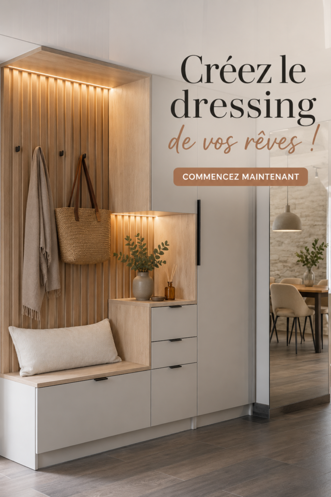 Dressing moderne et lumineux organisé de manière esthétique et pratique.