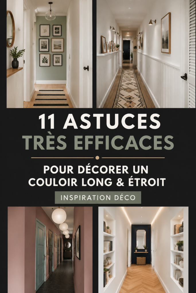 Un couloir étroit décoré avec des couleurs claires, des tableaux et un éclairage doux