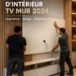 Un mur TV moderne décoré avec des accessoires tendance et chaleureux, créant une atmosphère accueillante.