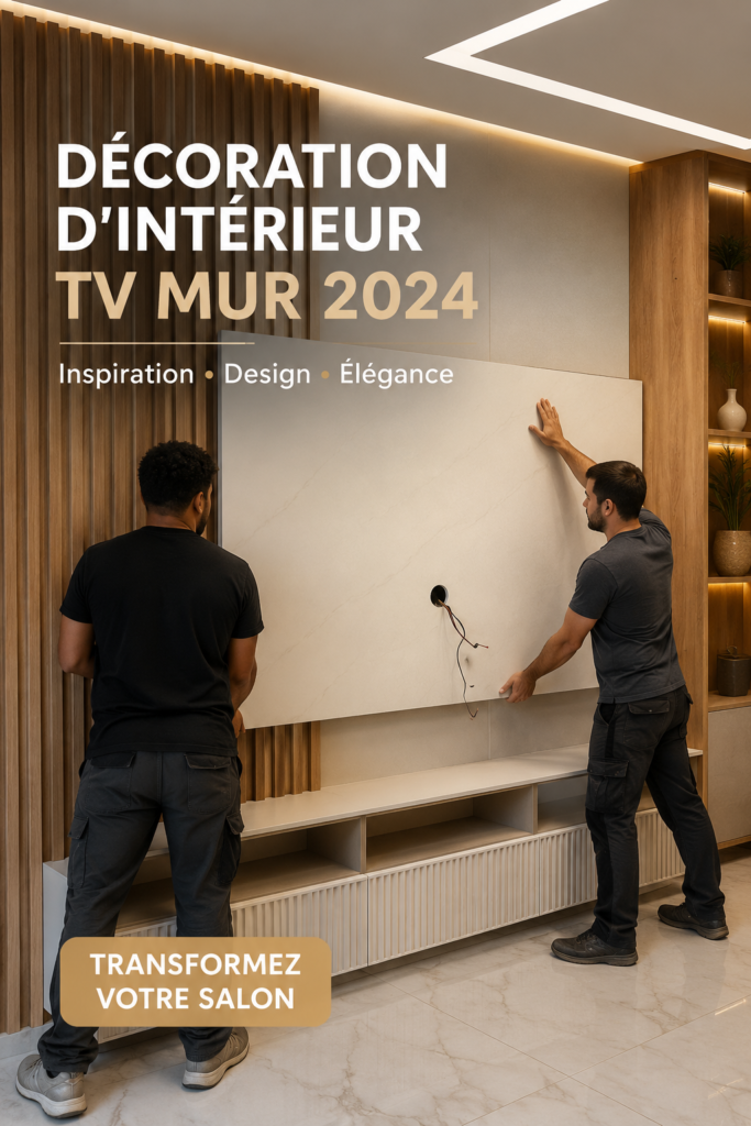 Un mur TV moderne décoré avec des accessoires tendance et chaleureux, créant une atmosphère accueillante.