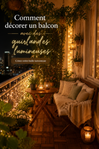 Balcon décoré avec des guirlandes lumineuses créant une atmosphère chaleureuse