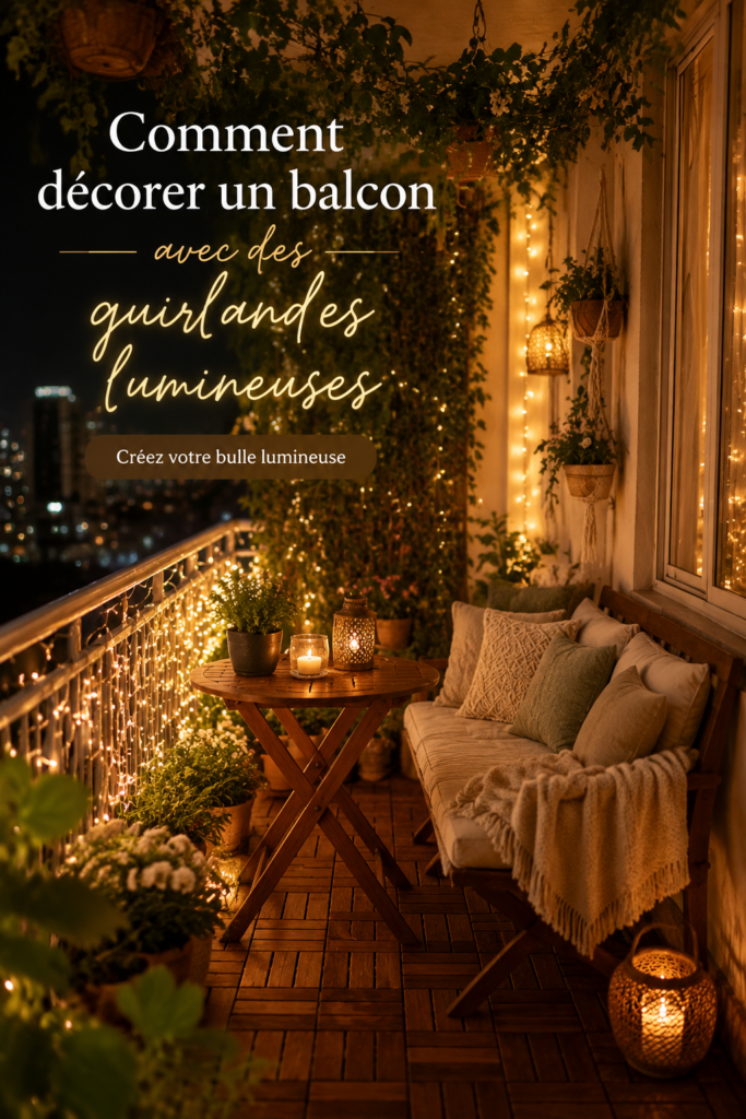 Balcon décoré avec des guirlandes lumineuses créant une atmosphère chaleureuse