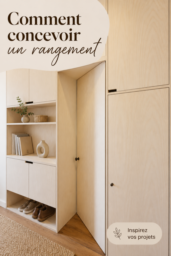 Espace de rangement moderne et organisé dans un salon chaleureux, intégrant des étagères et des tiroirs.