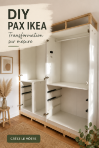 Un placard Ikea Pax personnalisé avec des accessoires décoratifs et un aménagement intérieur soigné.