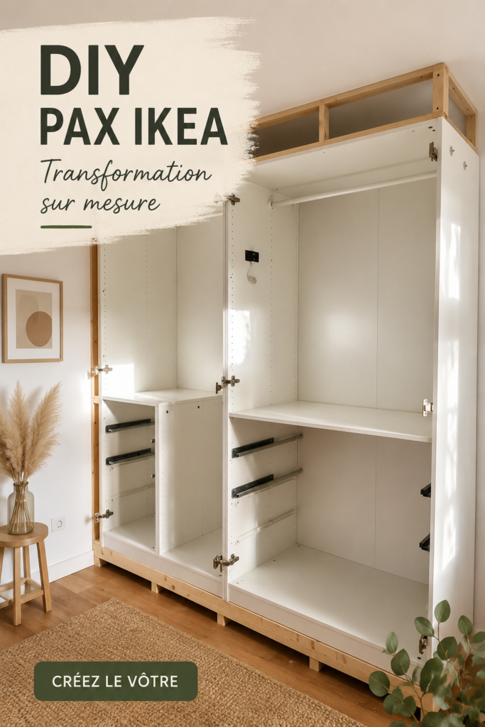 Un placard Ikea Pax personnalisé avec des accessoires décoratifs et un aménagement intérieur soigné.