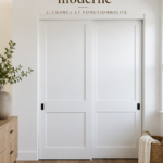 Dressing moderne et épuré dans une chambre contemporaine, avec des étagères et des tiroirs organisés.