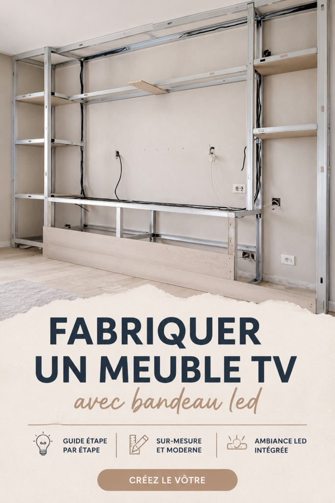 Un meuble TV fabriqué avec un bandeau LED allumé, apportant une touche moderne à un salon.