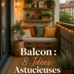 Un balcon cosy décoré avec des plantes et des meubles confortables.