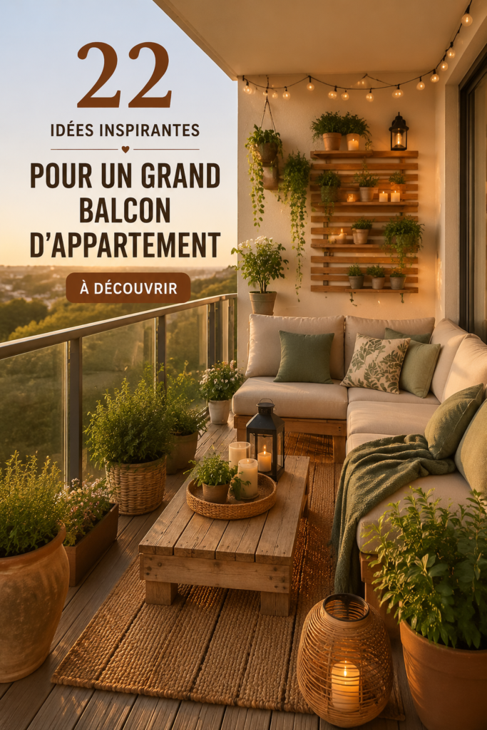 Balcon spacieux décoré avec des plantes et des meubles confortables.