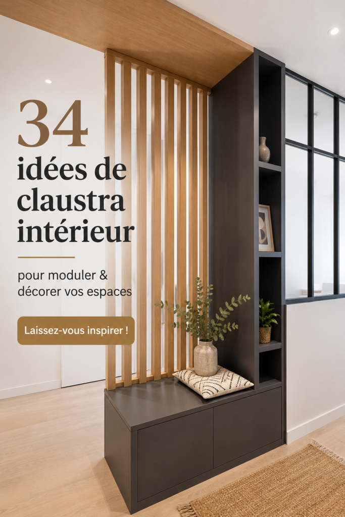 Un intérieur moderne avec des claustras en bois décoratifs séparant les espaces.
