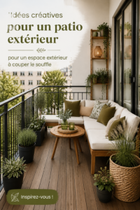 Patio extérieur accueillant avec meubles de jardin et plantes fleuries