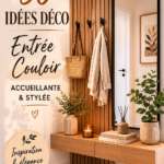 Un couloir accueillant et stylé avec des éléments de décoration chaleureux.