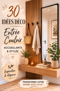 Un couloir accueillant et stylé avec des éléments de décoration chaleureux.