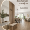Vue d'une entrée moderne menant au salon, décorée avec goût