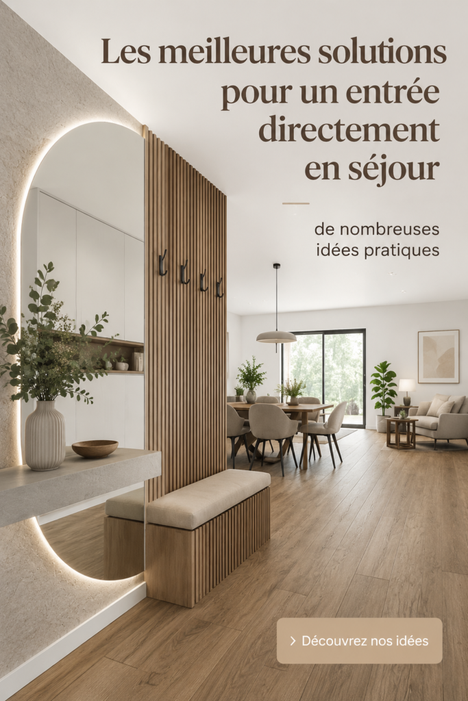 Vue d'une entrée moderne menant au salon, décorée avec goût
