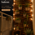 Un petit balcon décoré avec des meubles fonctionnels et des plantes fleuries.