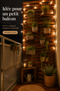 Un petit balcon décoré avec des meubles fonctionnels et des plantes fleuries.