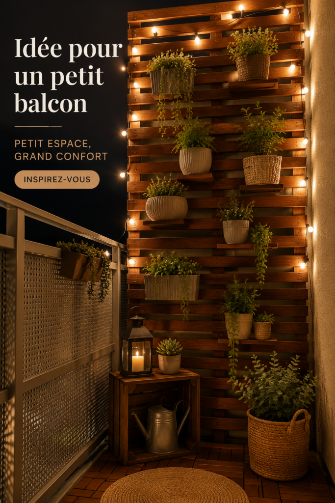 Un petit balcon décoré avec des meubles fonctionnels et des plantes fleuries.